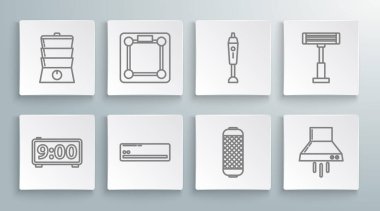 Hat kurun dijital alarm saati, banyo terazisi, klima, ses hoparlörü, mutfak vantilatörü, blender, elektrikli ısıtıcı ve çift kazan ikonu. Vektör