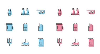 Neptün Mızrağı, suda balıkçı teknesi, Karabina, Sırt çantası, dalış için dalış kıyafeti, Eldiven, Büyük el feneri dalgıcı ve yüzme ikonu. Vektör