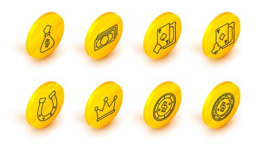 Dolar, Crown, Horseshoe, iskambil kağıdı, maça, kağıt para yığını ve para çantası ikonu içeren kumarhane fişi. Vektör