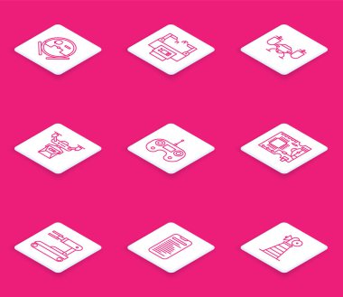 Hat Robot elektrik süpürgesi, montaj hattı, İHA kamera, dağıtım konsepti, uzaktan kumanda, basılı devre kartı PCB ve Bilgisayar Ağı arayüzü simgesi ile uçuyor. Vektör