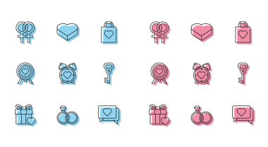 Hediye kutusu, kalp, alyans, cinsiyet sembolü, kalp merkezi alarm saati, anahtar şekli, dart hedefi ve Candy şekilli ikon. Vektör