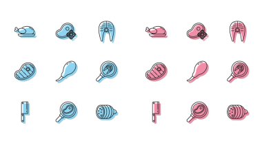 Sabit hat et, tavada biftek, kızarmış hindi ya da tavuk, salam sosisi, tavuk bacağı, balık bifteği ve taze donmuş ikon. Vektör