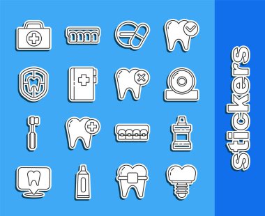 Dişmacunu implantı, ağız gargarası plastik şişe, Otolaryngological baş reflektörü, ilaç tableti, diş kartı, koruma, ilk yardım çantası ve diş taşı ikonu olan pano. Vektör