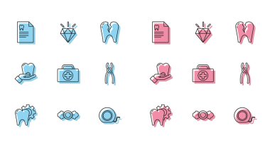 Diş tedavisi prosedürü, Candy, dişçi kartı, diş ipi, ilk yardım çantası, pense ve elmas diş ikonu. Vektör