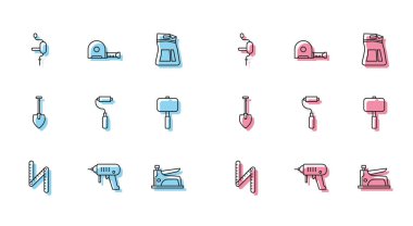 Katlama cetveli, elektrikli matkap, el, inşaat zımbası, boya fırçası, balyoz, kürek ve rulet inşaat ikonu. Vektör