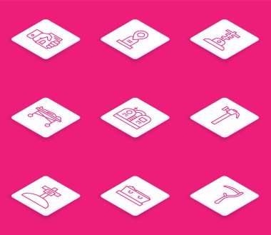 Hat ölüm sertifikasını elinde tut, konum mezarı, haçlı mezar, ceset morg, mezar taşı, çekiç ve tabut ölü ikon. Vektör