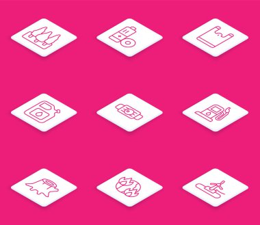 Orman, Batarya, Plastik torba, benzin bidonu, tıbbi koruyucu maske, benzin istasyonu, ağaç kütüğü ve küresel ısınma ikonu. Vektör