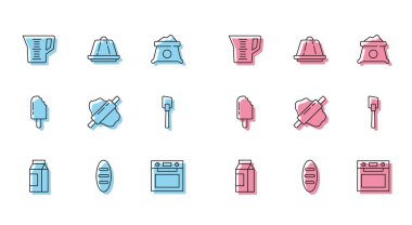 Süt, ekmek somunu, ölçü kabı, fırın, hamurun üzerinde merdane, Spatula, dondurma ve puding kreması ikonu için çizgi kağıt paketi. Vektör