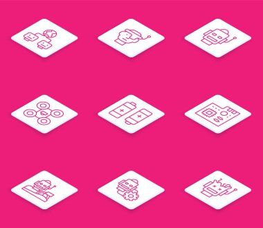 Yapay zeka, akıllı gözlükler, robot, dron, pil, anakart dijital çip, insansı sürüş arabası ve simge ayarı. Vektör