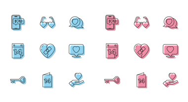 Anahtar 'ı kalp şeklinde ayarla, tebrik kartı, cep telefonu eli kırık, iyileşmiş, Takvim 14 Şubat ve aşk gözlüğü simgesi şeklinde. Vektör