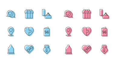 Kondom, kalp şeklinde şeker, konuşma balonu, Castle of, tebrik kartı, konum ve hediye ikonu. Vektör