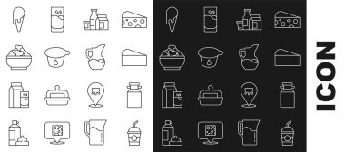 Milkshake, süt, peynir, ürün, yoğurt, süzme peynir, dondurma külahı ve sürahi ikonu için konserve kutusu. Vektör