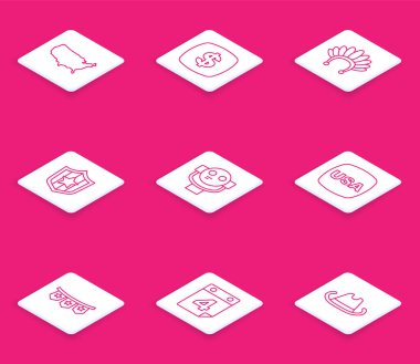 ABD haritası, dolar sembolü, tüylü Hint başlığı, kalkan yıldızları, turist dürbünü, bağımsızlık günü, karnaval çelengi bayrakları ve 4 Temmuz ikonu. Vektör