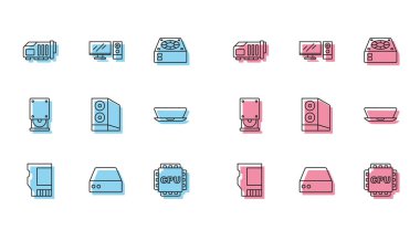 Hat SD kart, Sunucu, Data, Web Sunucu, Video grafik, İşlemci, Bilgisayar, Laptop, Optik disk sürücüsü ve Bilgisayar monitörü simgesini ayarla. Vektör