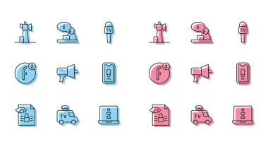 Set hattı gazetecilik soruşturması, TV haber aracı, anten, bilgi, megafon, mobil kayıt, hesap oluşturma ve televizyon haber simgesi. Vektör