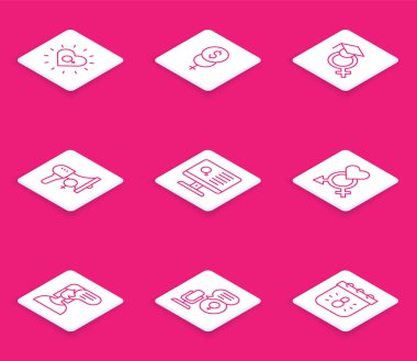 Feminizm, finans, öğretmen, feminist aktivist, flört uygulaması, cinsiyet, kadın görüşü ve mikrofon ikonu. Vektör