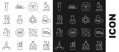 Kürsüye çizgi testi tüpü, sülfür dioksit SO2, mineral kalsiyum, radyoaktif ve atom ikonu koyun. Vektör