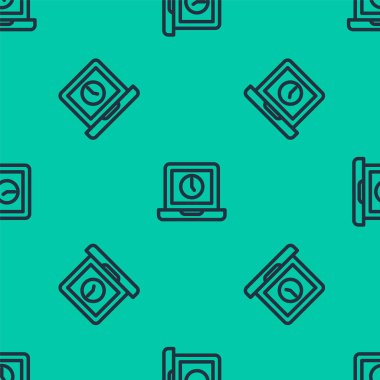 Mavi çizgi dizüstü bilgisayar zaman simgesi yeşil arkaplandaki kusursuz deseni izole etti. Boş ekran işaretli bilgisayar defteri. Vektör.