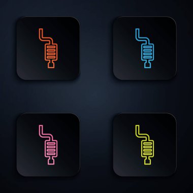 Renkli neon çizgisi araba susturucusu simgesi siyah arkaplanda izole edildi. Egzoz borusu. Kare düğmelere simgeleri yerleştir. Vektör.