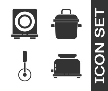 Tost makinesi, elektrikli soba, pizza bıçağı ve tencere ikonu. Vektör.