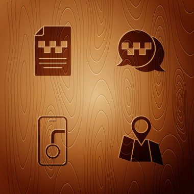 Katlanmış haritayı konuma, taksi ehliyetine, şehir navigasyonuna ve ahşap arka planda telefon servisine göre ayarla. Vektör