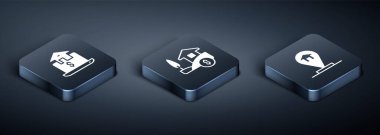 Isometric Online gayrimenkul, lokasyon evi ve dolar ikonuyla House 'u ayarla. Vektör