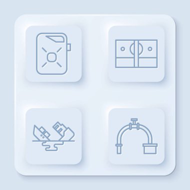 Motor yağı için teneke kutu, kağıt para yığını, enkaz petrol tankeri gemisi ve endüstriyel boru ve valf. Beyaz kare düğme. Vektör.