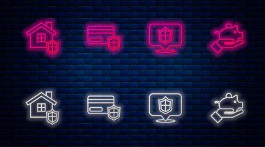 Kalkanlı, konumlu, House ve Piggy bankalı bir kredi kartı ayarlayın. Tuğla duvarda parlayan neon simgesi. Vektör