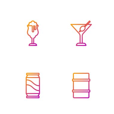 Metal bira fıçısı, bira kutusu, bir bardak Martini bardağı. Renk simgeleri. Vektör