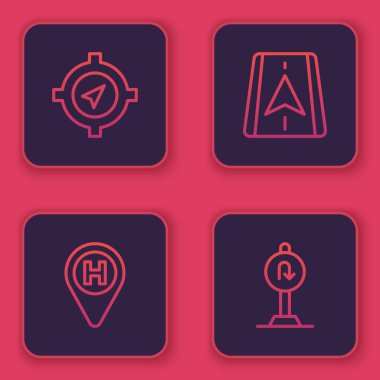 Pusula, helikopter iniş pisti, şehir haritası navigasyonu ve arka yol işaretini ayarla. Mavi kare düğme. Vektör