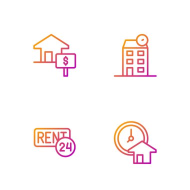 Set çizgisi zamanı para, Kira, dolarlı ev ve... Renk simgeleri. Vektör