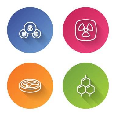 Sülfür dioksit SO2, radyoaktif, bakteri ve kimyasal formüllü Petri kabını hazırlayın. Renkli daire düğmesi. Vektör