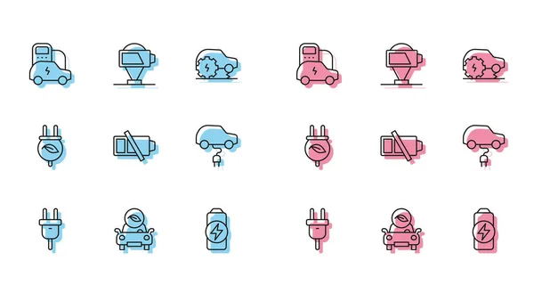 Définir Ligne Fiche Électrique Eco Voiture Charge Batterie Batterie Faible — Image vectorielle