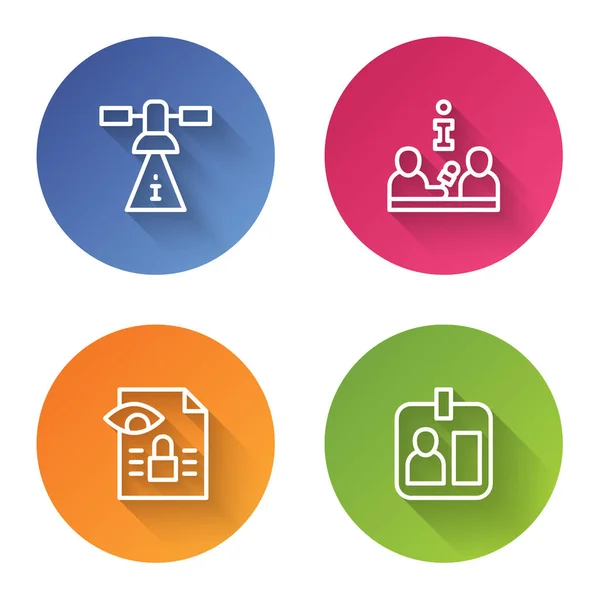 Establecer Línea Satélite Entrevista Investigación Periodística Tarjeta Identificación Botón Círculo — Vector de stock