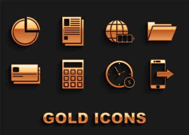 Hesap makinesini, belge klasörünü, akıllı telefonu, cep telefonunu, saati, para, kredi kartını, dünya küresi, turta grafiği ve dosya belge simgesini içeren pil şarj göstergesini ayarla. Vektör