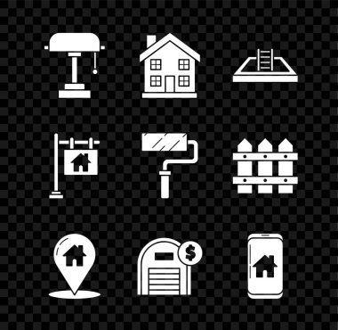 Masa lambası, ev sembolü, merdivenli yüzme havuzu, işaretçi evi, depo doları, cep telefonu akıllı evi, yazı indirimi ve boya fırçası ikonu. Vektör