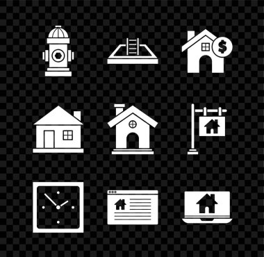 Yangın musluğu, merdiveni olan yüzme havuzu, dolar sembolü, saat, asılı yazı metni online satış, dizüstü bilgisayar ve akıllı ev ve ikon. Vektör