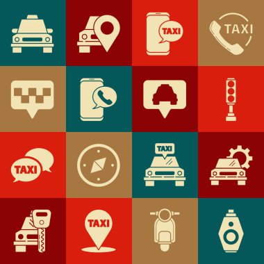 Uzaktan kumandalı araba anahtarı, servis, trafik ışığı, taksi çağrısı, harita işaretleyici taksi, araba ve ikon. Vektör