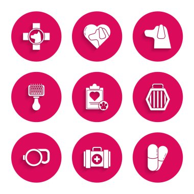 Tıbbi kayıt cihazlı pano, evcil hayvan ilk yardım çantası, köpek ve haplar, çanta, geri çekilebilir tasma, köpek kedisi için saç fırçası ve veterinerlik sembolü ikonu. Vektör