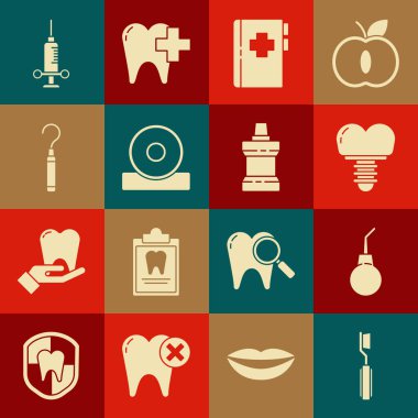 Diş fırçası, Enema armudu, diş implantı, diş kartlı pano, Otolaryngological baş reflektörü, diş fırçası, tıbbi şırınga ve ağız yıkama plastik şişe ikonu. Vektör