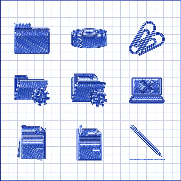 Állítsa Mappa Beállításait Fogaskerekekkel Fájl Dokumentum Gemkapocs Ceruza Radír Vonal — Stock Vector