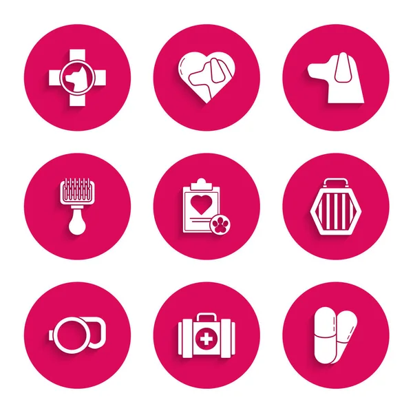 Tıbbi kayıt cihazlı pano, evcil hayvan ilk yardım çantası, köpek ve haplar, çanta, geri çekilebilir tasma, köpek kedisi için saç fırçası ve veterinerlik sembolü ikonu. Vektör