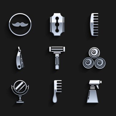 Tıraş bıçağı, saç fırçası, saç spreyi şişesi, havlu rulo, yuvarlak makyaj aynası, Düz ve Bıyık ikonu. Vektör