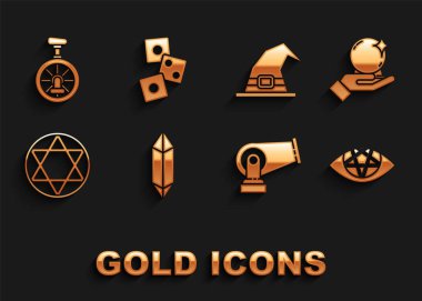 Sihirli taş, top el, pentagram, top, Davut Yıldızı, Cadı şapkası, Tekerlekli bisiklet ve zar ikonu. Vektör