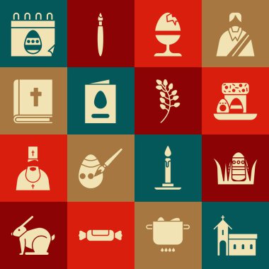 Kilise binası, Paskalya yumurtası, pasta ve yumurta, tavuk tezgahında, Mutlu, kutsal İncil kitabı, takvim ve söğüt yaprağı ikonu olan tebrik kartı. Vektör