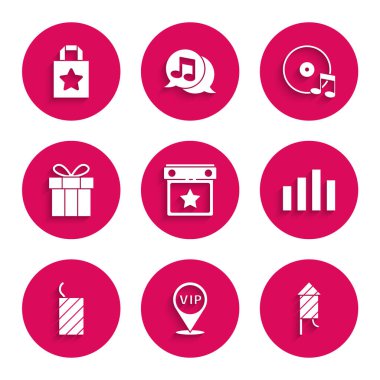 Takvim Partisi, Konum Vip, Havai fişek, Müzik Dengeleyici, Hediye Kutusu, Vinil Disket ve Kağıt Alışveriş Torbası ikonu. Vektör