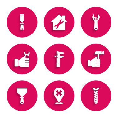 Calliper, kalibre ve ölçek, anahtar, metal vida, çekiç, macun bıçağı, anahtarlık, ayarlanabilir ve Rasp metal dosya simgesi olan konum ayarlayın. Vektör