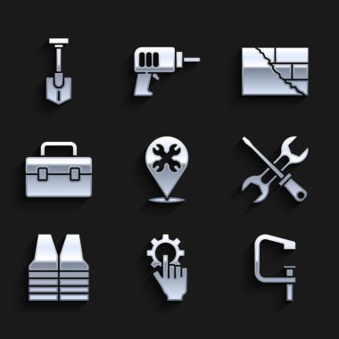 Konumu anahtar, elde ayarlar, klemp vida aracı, tornavida, güvenlik yeleği, Alet kutusu, Tuğla ve Kürek simgesi ile ayarla. Vektör