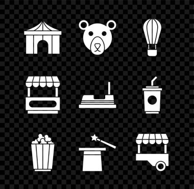 Sirk çadırı, Ayı kafası, Sıcak hava balonu, kutuda patlamış mısır, sihirli şapka ve değnek, Fast Street yemek arabası, ve Bumper ikonu. Vektör