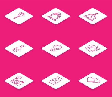 Sabit çizgi, çiçek gülü, düğün kemeri, kilise binası, şampanya şişesi, kadın cinsiyeti sembolü, nota, kalpli ton, fotoğraf makinesi ve lütfen rahatsız edici ikon. Vektör